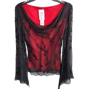 Scala NEW Vintage Black & Red Silk & Satin Beaded Semi-Sheer Bell-Slv Top Medium